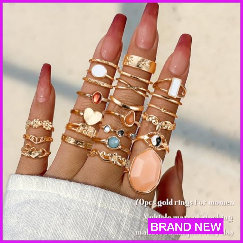 Vintage Crystal Stackable Rings Set Boho Retro Kn… - image 2